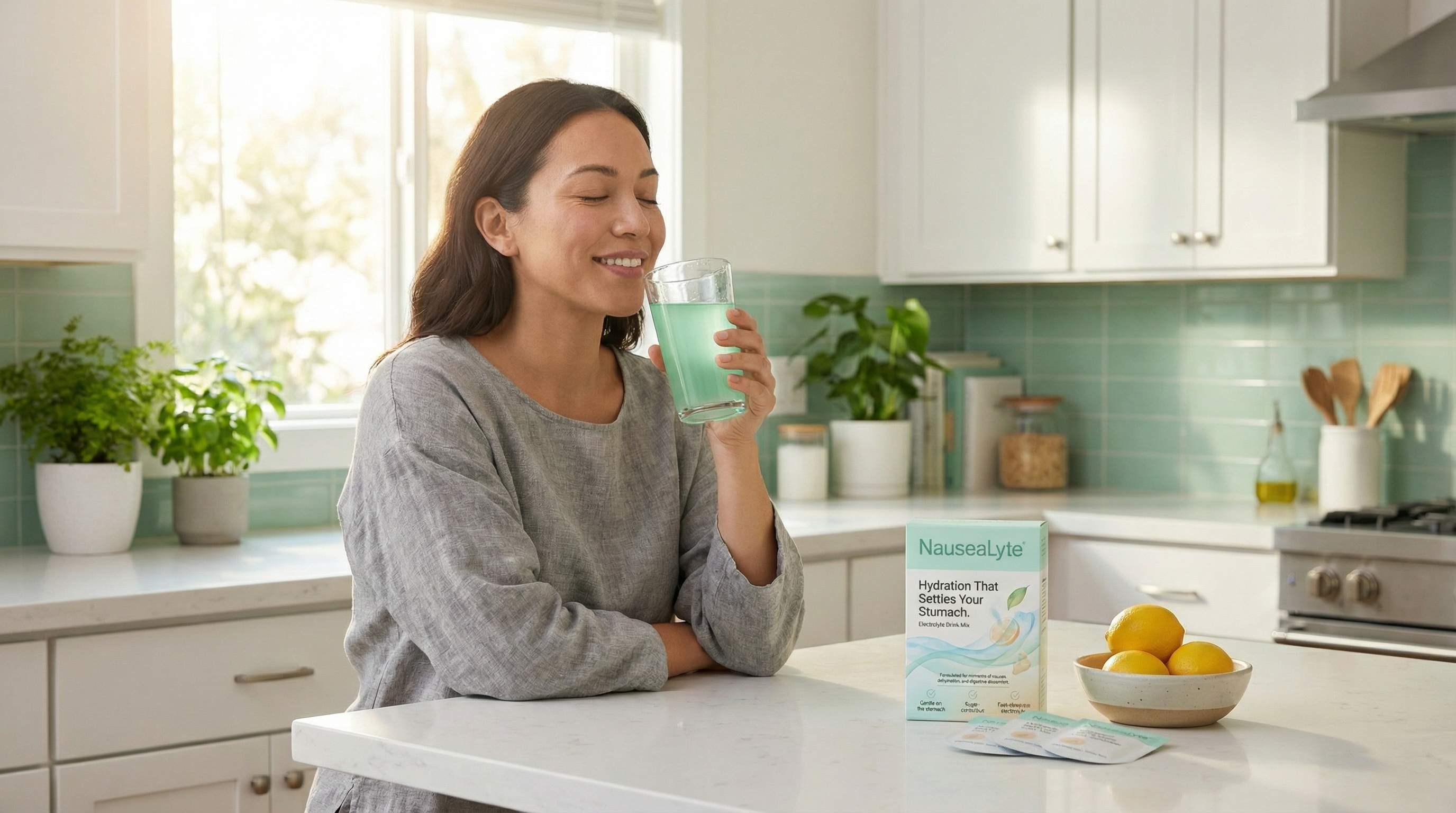 Woman drinking NauseaLyte and feeling relief